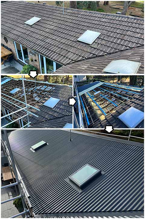 Tile roof replacement being updated with R7.0 Ceilings batts, Bradford anticondensation blanket, Metal Battens, high quality colorbond metal roofing and Double-glazed Velux skylights.